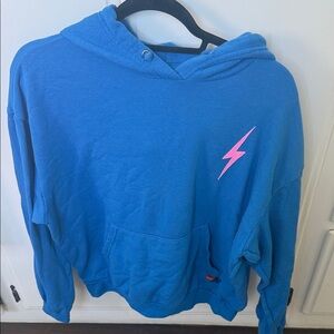 Aviator Nation Blue Relaxed Hoodie with Pink Lightning Bolt Small